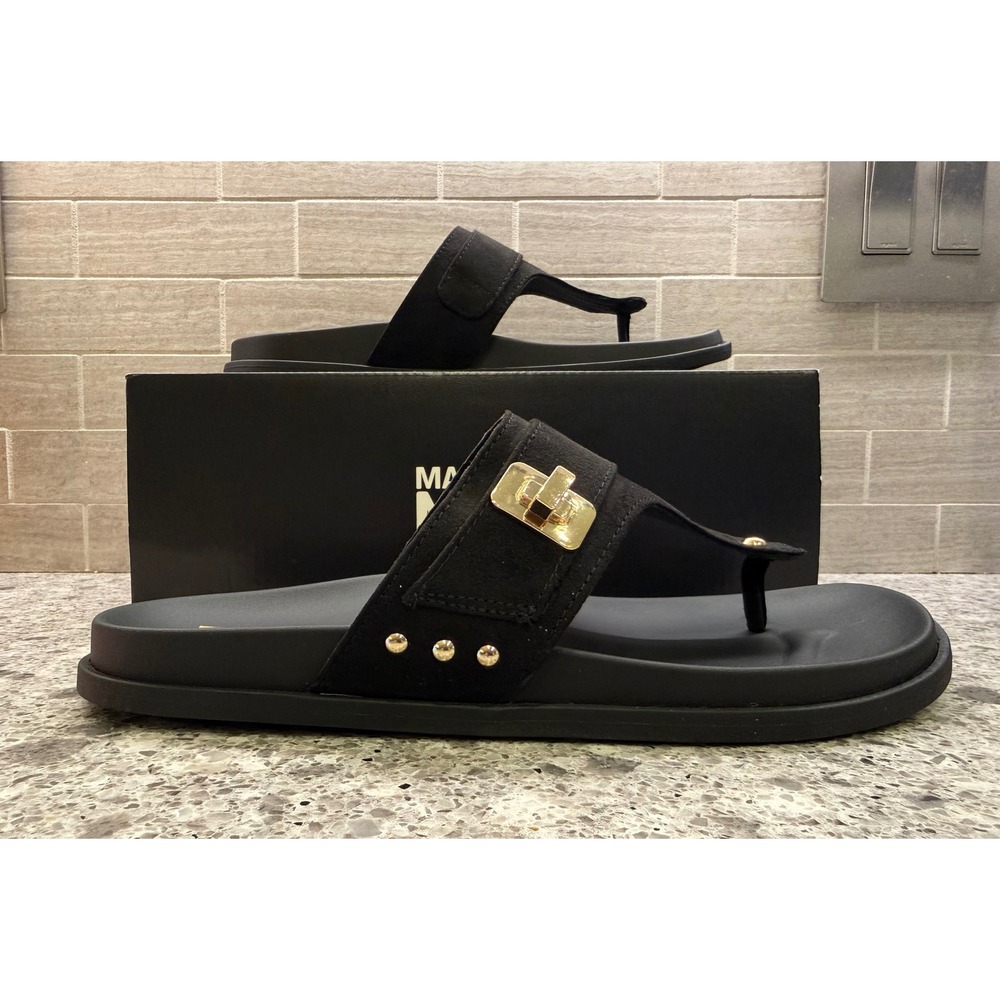 Madden NYC New! Morela Black Faux Suede Thong Sandals Gold Turnlock Size 8.5